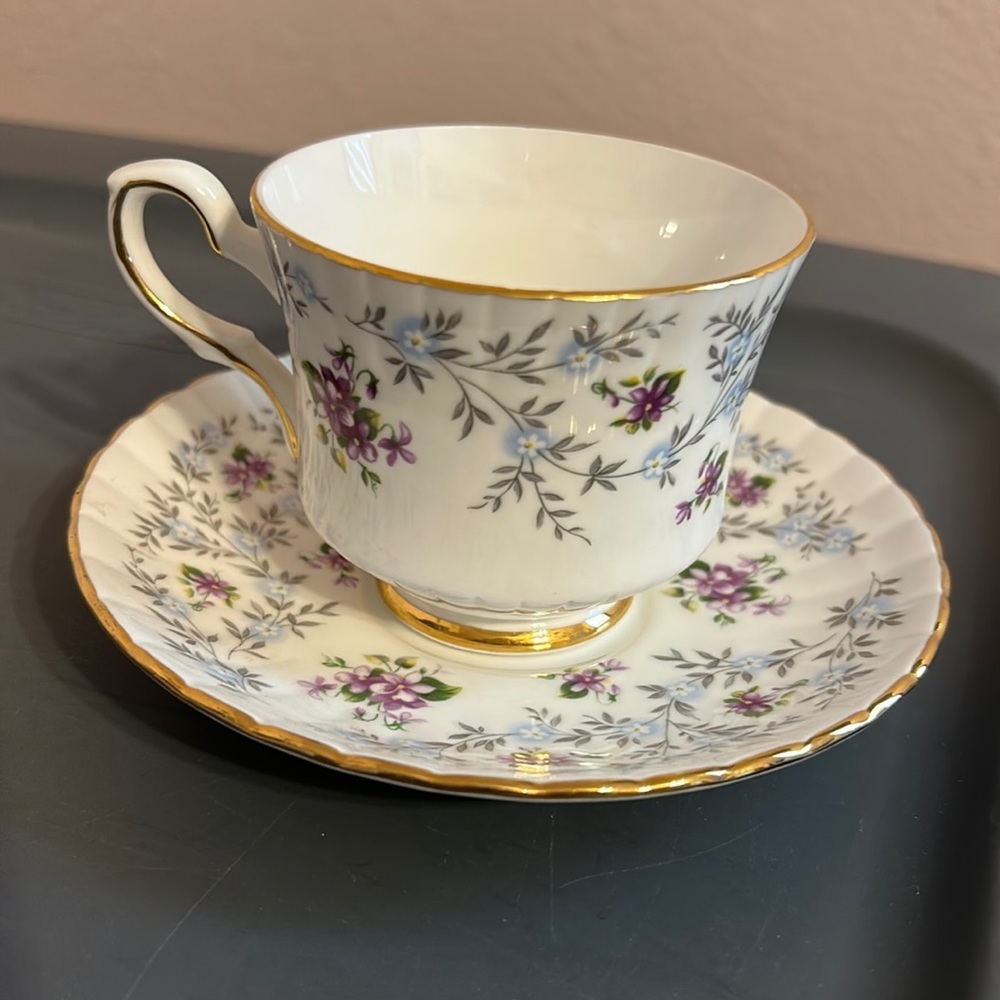 Vintage Royal Stafford Bone China Purple Floral Tea Cup & Saucer Set